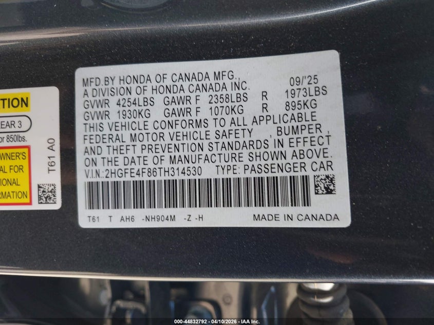 2026 Honda Civic VIN 2HGFE4F86TH314530 IAAI salvage auction — FRONT END, Salvage Title, sold $9,000 on 2026-07-28 (photo 9)