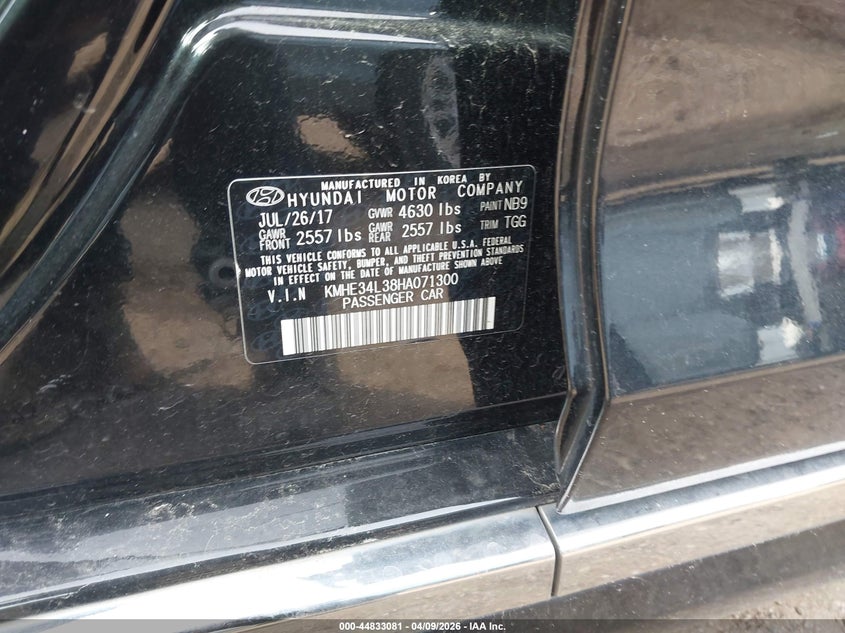 2017 Hyundai Sonata VIN KMHE34L38HA071300 IAAI salvage auction — HAIL, Salvage Title, sold $1,975 on 2026-07-29 (photo 9)