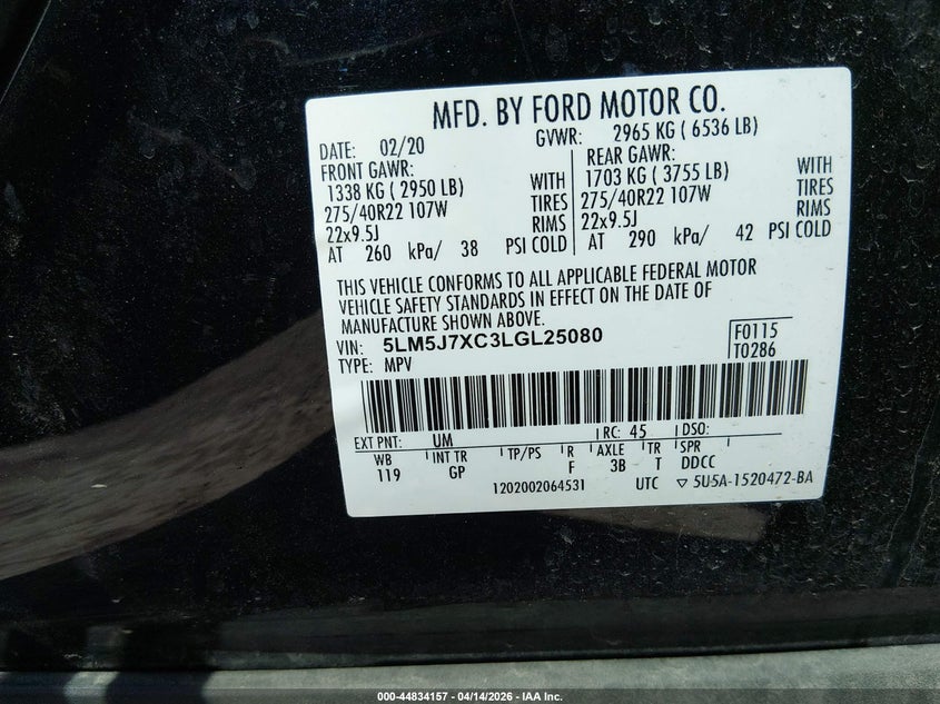 2020 Lincoln Aviator VIN 5LM5J7XC3LGL25080 IAAI salvage auction — FRONT END, Salvage (Ohio), sold $8,050 on 2026-09-12 (photo 9)