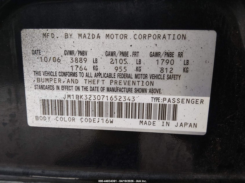 2007 Mazda 3 VIN JM1BK323071652343 IAAI salvage auction — LEFT FRONT, Clear (Hawaii), sold $125 on 2026-07-28 (photo 9)