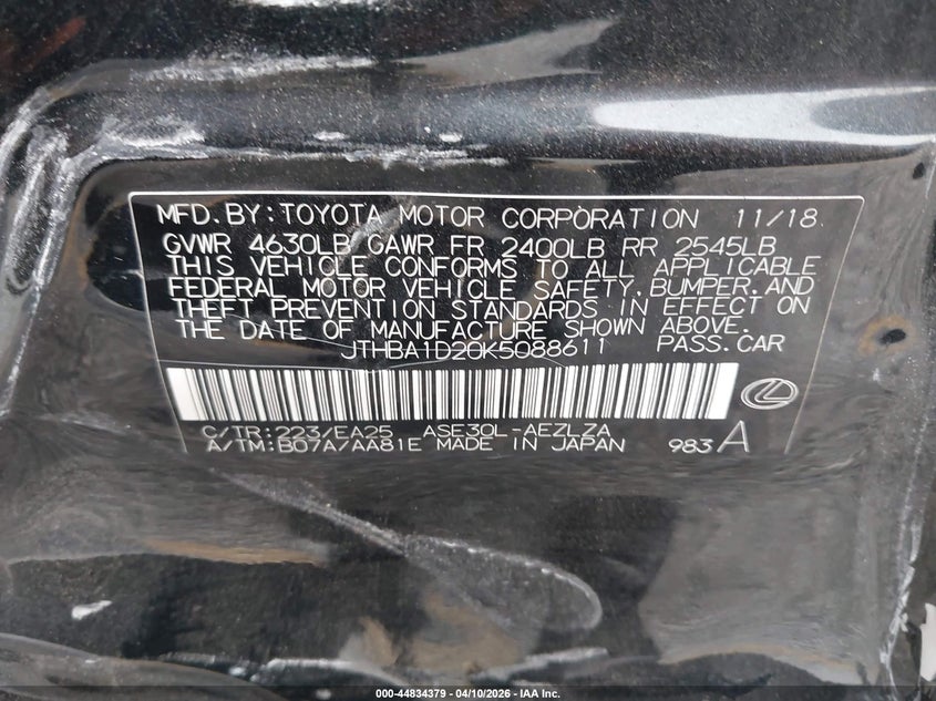 2019 Lexus Is VIN JTHBA1D20K5088611 IAAI salvage auction — LEFT SIDE, Salvage Title, sold $3,900 on 2026-07-28 (photo 9)