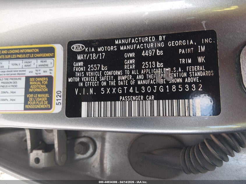 2018 Kia Optima VIN 5XXGT4L30JG185332 IAAI salvage auction — FRONT END, Salvage Title, sold $1,250 on 2026-07-08 (photo 9)
