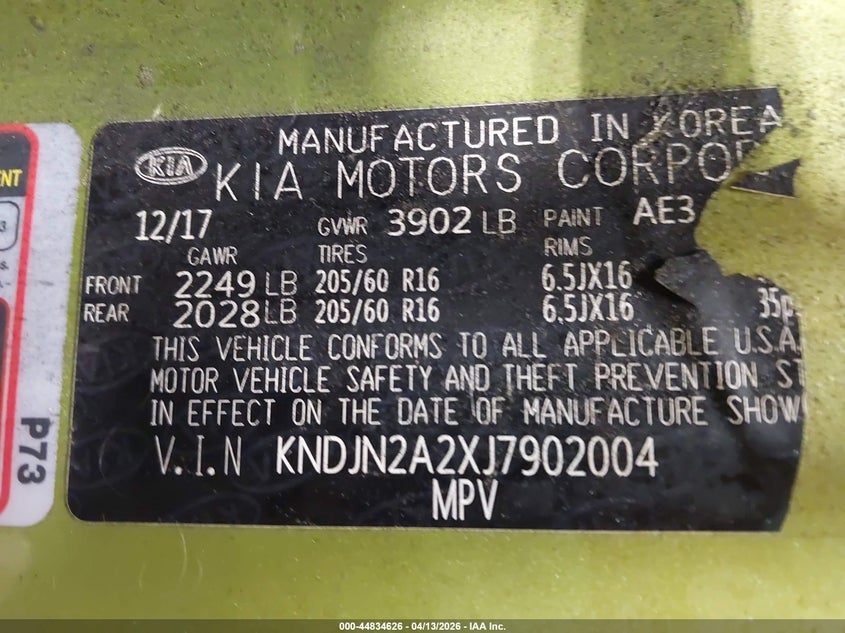 2018 Kia Soul VIN KNDJN2A2XJ7902004 IAAI salvage auction — THEFT, Salvage Title, sold $1,300 on 2026-07-17 (photo 9)