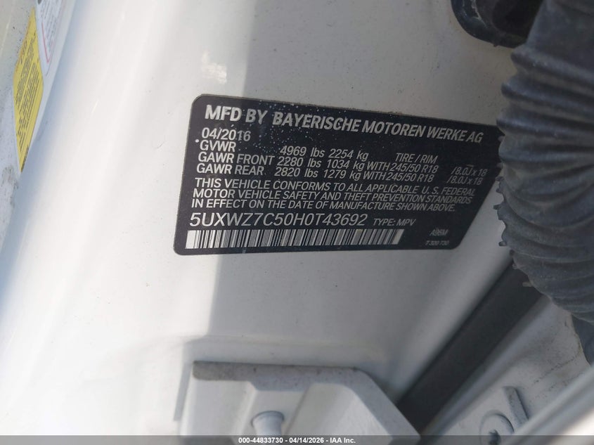 2017 BMW X3 VIN 5UXWZ7C50H0T43692 IAAI salvage auction — FRONT & REAR, Wait Title, sold $3,000 on 2026-07-21 (photo 9)
