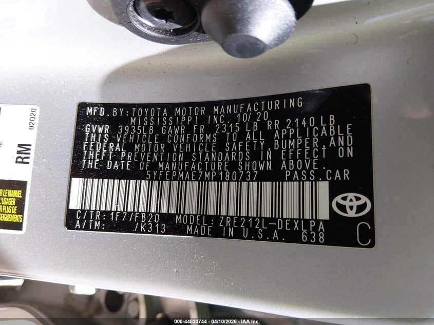 2021 Toyota Corolla VIN 5YFEPMAE7MP180737 IAAI salvage auction — REAR END, Salvage Title, sold $6,400 on 2026-07-20 (photo 9)