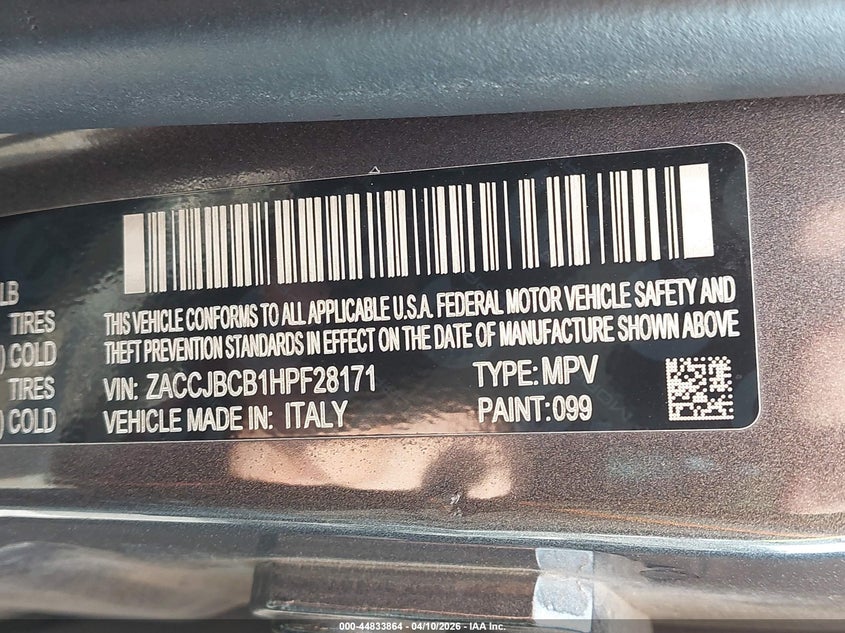 2017 Jeep Renegade VIN ZACCJBCB1HPF28171 IAAI salvage auction — RIGHT SIDE, Clear (Indiana), sold $1,950 on 2026-07-09 (photo 9)