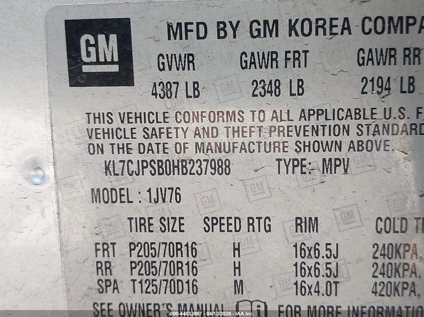 2017 Chevrolet Trax VIN KL7CJPSB0HB237988 IAAI salvage auction — FRONT END, Salvage - Greater Than 75% (Maryland), sold $1,125 on 2026-07-14 (photo 9)