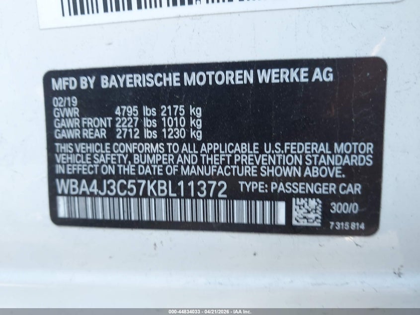 2019 BMW 4er VIN WBA4J3C57KBL11372 IAAI salvage auction — FRONT END, Salvage Title, sold $7,450 on 2026-07-14 (photo 9)