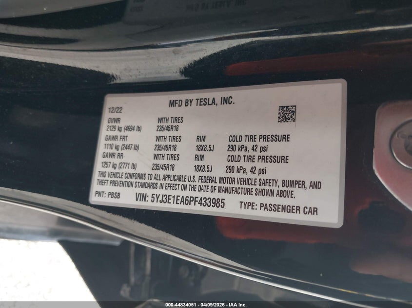 2023 Tesla Model 3 VIN 5YJ3E1EA6PF433985 IAAI salvage auction — Normal Wear, Clear (Montana), sold $19,400 on 2026-04-16 (photo 9)