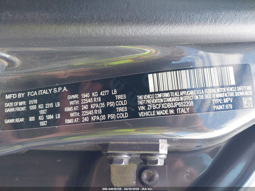 2018 Fiat 500x VIN ZFBCFXDB0JP652208 IAAI salvage auction — REAR END, Salvage Title, sold $1,200 on 2026-08-08 (photo 9)
