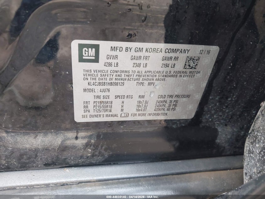 2017 Buick Encore VIN KL4CJBSB1HB098129 IAAI salvage auction — HAIL, Clear (Oklahoma), sold $5,950 on 2026-07-15 (photo 9)