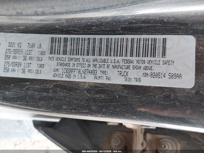 2020 Ram 1500 VIN 1C6SRFFT0LN274493 IAAI salvage auction — FRONT END, Salvage Title, sold $1,550 on 2026-07-24 (photo 9)