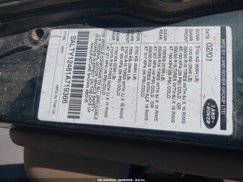 2001 Land rover Discovery VIN SALTY12481A719366 IAAI salvage auction — BIO HAZARD, Salvage (Texas), sold $425 on 2026-07-29 (photo 9)