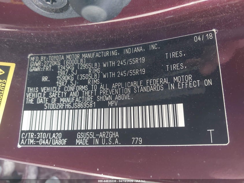 2018 Toyota Highlander VIN 5TDDZRFH6JS869581 IAAI salvage auction — UNKNOWN, Salvage Title, sold $7,700 on 2026-07-23 (photo 9)