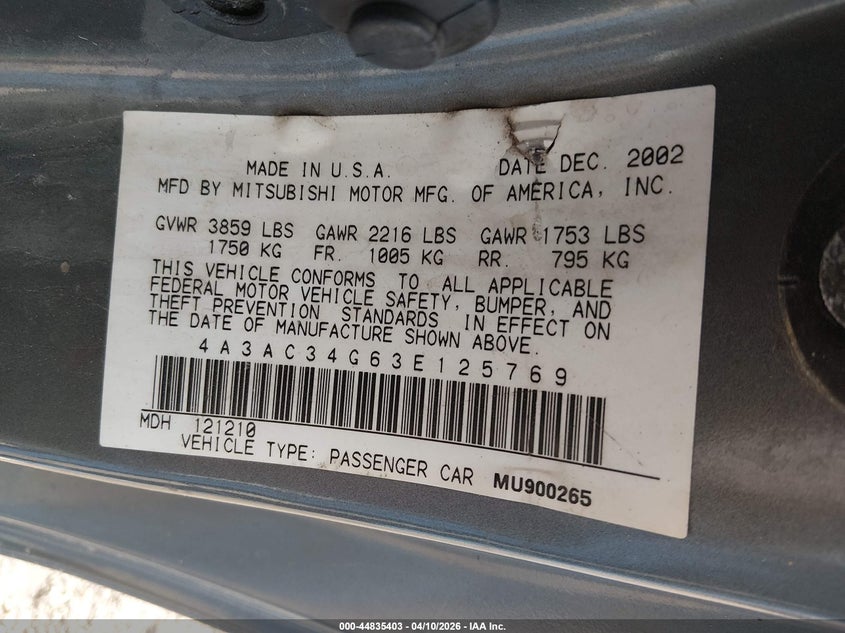 2003 Mitsubishi ECLIPSE VIN 4A3AC34G63E125769 IAAI salvage auction — RIGHT SIDE, Bill Of Sale (Nebraska), sold $500 on 2026-07-09 (photo 9)