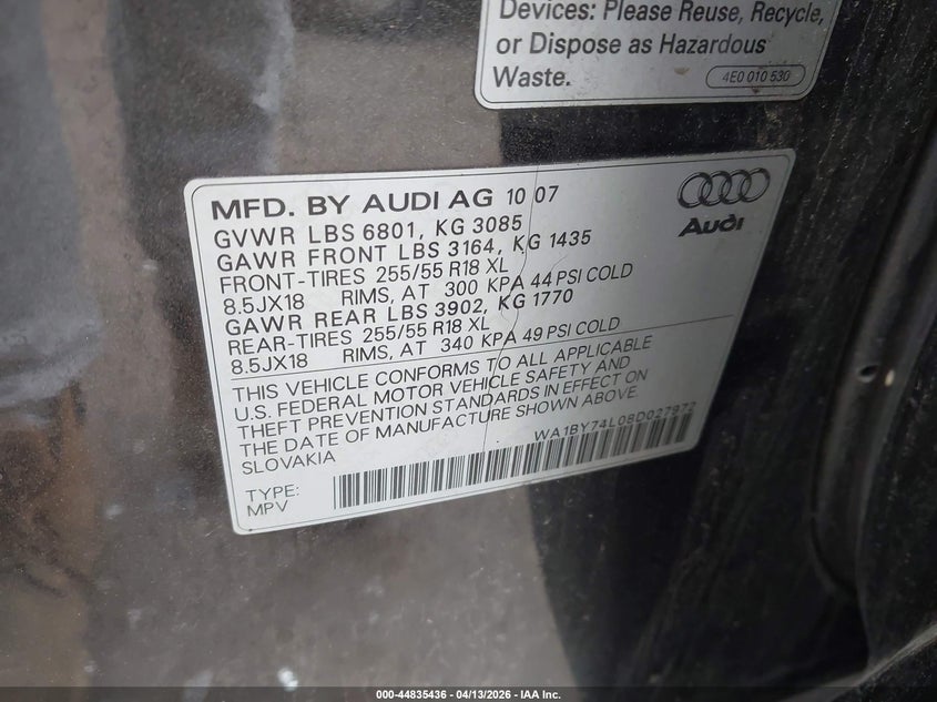 2008 Audi Q7 VIN WA1BY74L08D027972 IAAI salvage auction — REAR END, Salvage (Pennsylvania), sold $550 on 2026-07-07 (photo 9)