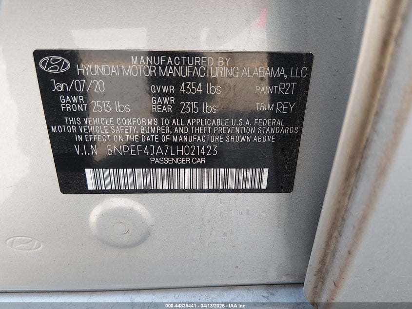 2020 Hyundai Sonata VIN 5NPEF4JA7LH021423 IAAI salvage auction — FRONT & REAR, Wait Title, sold $3,650 on 2026-07-09 (photo 9)