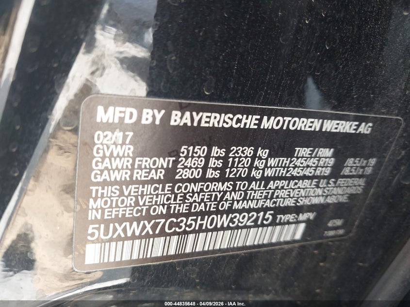2017 BMW X3 VIN 5UXWX7C35H0W39215 IAAI salvage auction — REAR END, Original (Texas), sold $2,825 on 2026-07-21 (photo 9)