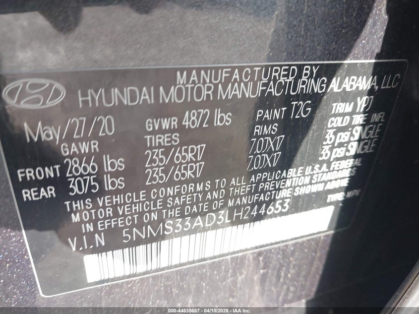 2020 Hyundai Santa fe VIN 5NMS33AD3LH244653 IAAI salvage auction — REAR END, Original (Texas), sold $6,450 on 2026-07-18 (photo 9)