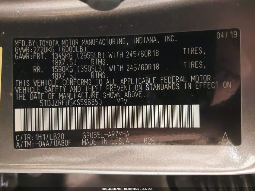2019 Toyota Highlander VIN 5TDJZRFH5KS596850 IAAI salvage auction — FRONT END, Regular (South Dakota), sold $10,875 on 2026-07-28 (photo 9)