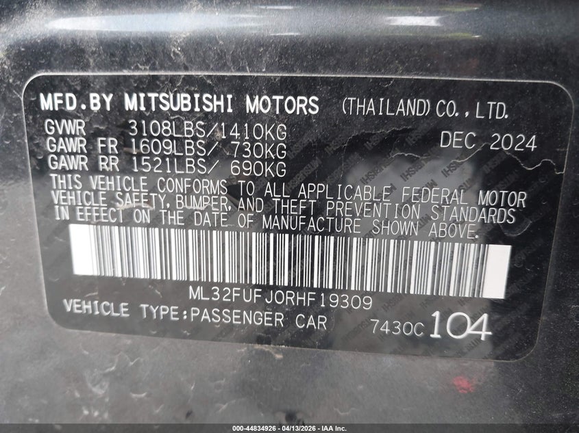 2024 Mitsubishi Mirage VIN ML32FUFJ0RHF19309 IAAI salvage auction — ALL OVER, Wait Title, sold $1,000 on 2026-07-08 (photo 9)