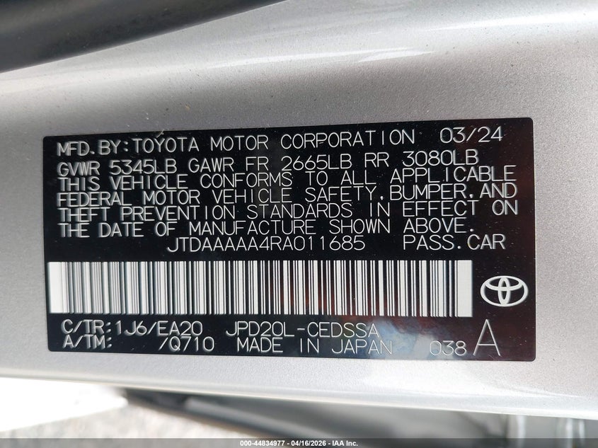 2024 Toyota Mirai VIN JTDAAAAA4RA011685 IAAI salvage auction — LEFT REAR, Salvage (California), sold $5,100 on 2026-07-28 (photo 9)