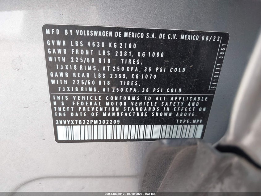 2023 Volkswagen Taos VIN 3VVYX7B22PM302209 IAAI salvage auction — RIGHT FRONT, Salvage Title, sold $7,900 on 2026-07-23 (photo 9)