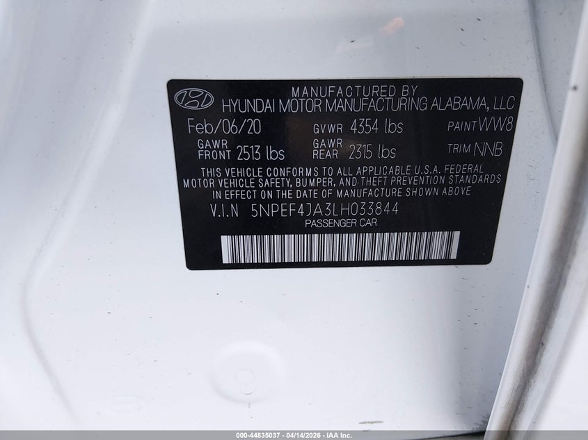 2020 Hyundai Sonata VIN 5NPEF4JA3LH033844 IAAI salvage auction — RIGHT SIDE, Wait Title, sold $4,050 on 2026-07-22 (photo 9)