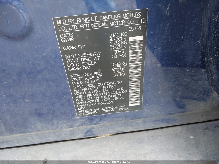 2018 Nissan Rogue VIN KNMAT2MV1JP597200 IAAI salvage auction — REAR END, Salvage (Oregon), sold $850 on 2026-07-06 (photo 9)