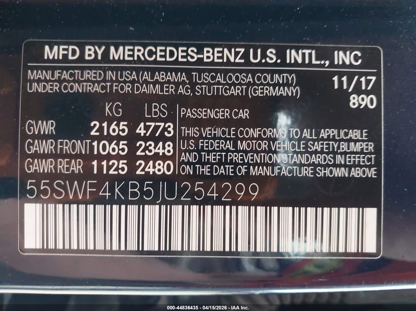 2018 Mercedes-benz C-klasse VIN 55SWF4KB5JU254299 IAAI salvage auction — HAIL, Clear (Kansas), sold $7,200 on 2026-08-19 (photo 9)