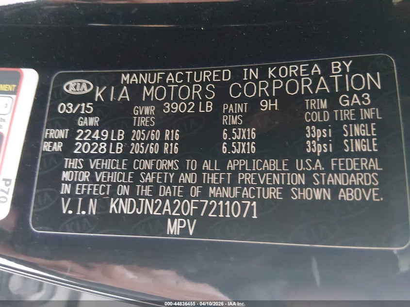 2015 Kia Soul VIN KNDJN2A20F7211071 IAAI salvage auction — FRONT END, Clear (Florida), sold $625 on 2026-07-07 (photo 9)