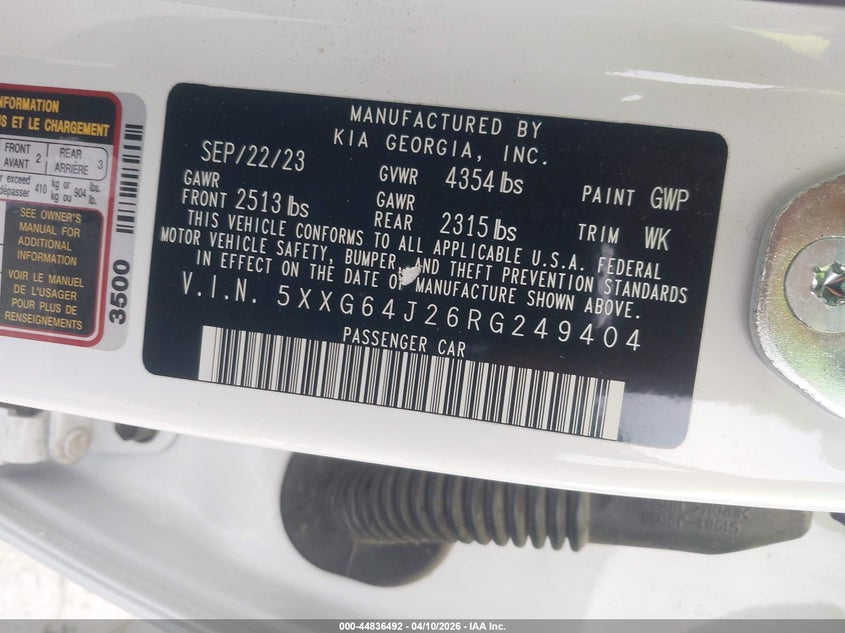 2024 Kia K5 VIN 5XXG64J26RG249404 IAAI salvage auction — REAR END, Salvage Title, sold $6,550 on 2026-07-14 (photo 9)