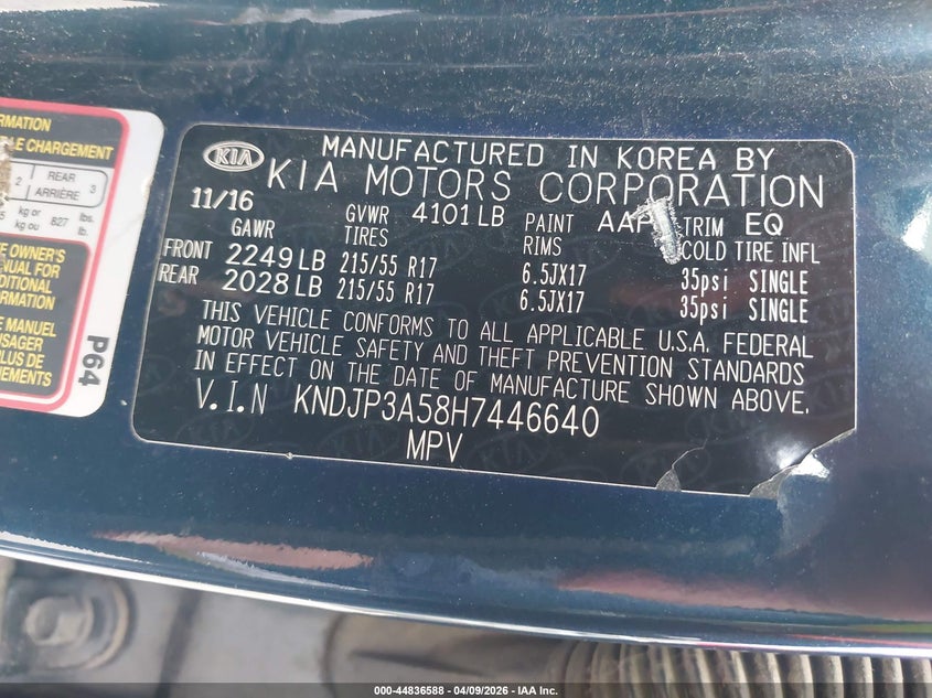 2017 Kia Soul VIN KNDJP3A58H7446640 IAAI salvage auction — NORMAL WEAR, Salvage (Texas), sold $400 on 2026-07-28 (photo 9)