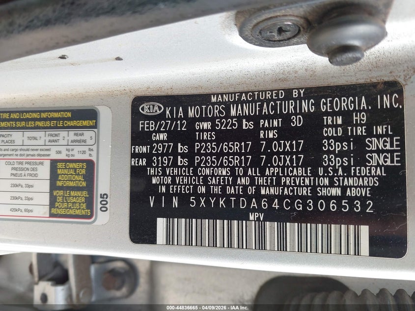 2012 Kia Sorento VIN 5XYKTDA64CG306532 IAAI salvage auction — NORMAL WEAR, Salvage Title, sold $450 on 2026-07-29 (photo 9)