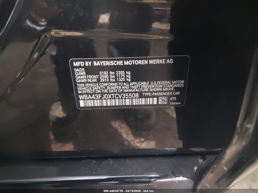 2026 BMW 5er VIN WBA43FJ0XTCV35508 IAAI salvage auction — LEFT REAR, Salvage Title, sold $38,300 on 2026-07-20 (photo 9)