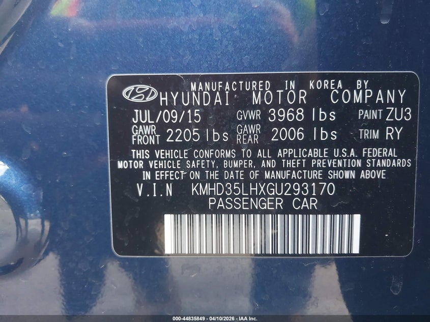 2016 Hyundai Elantra VIN KMHD35LHXGU293170 IAAI salvage auction — FRONT END, Clear (Colorado), sold $1,000 on 2026-08-01 (photo 9)
