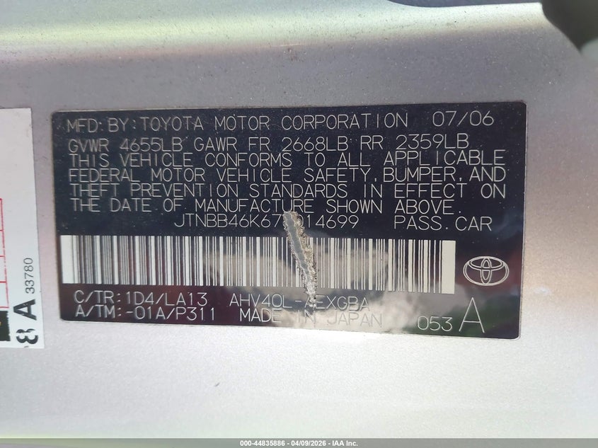 2007 Toyota Camry hybrid VIN JTNBB46K673014699 IAAI salvage auction — NORMAL WEAR, Clear-Dealer Only (Arizona), sold $425 on 2026-07-28 (photo 9)