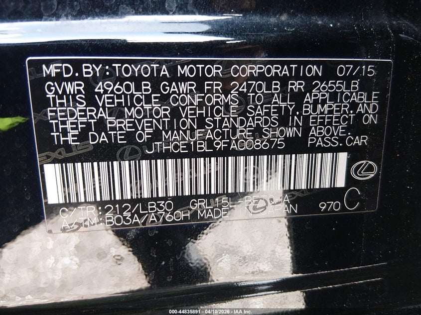2015 Lexus Gs VIN JTHCE1BL9FA008675 IAAI salvage auction — REAR END, Rebuildable (Florida), sold $4,800 on 2026-07-21 (photo 9)