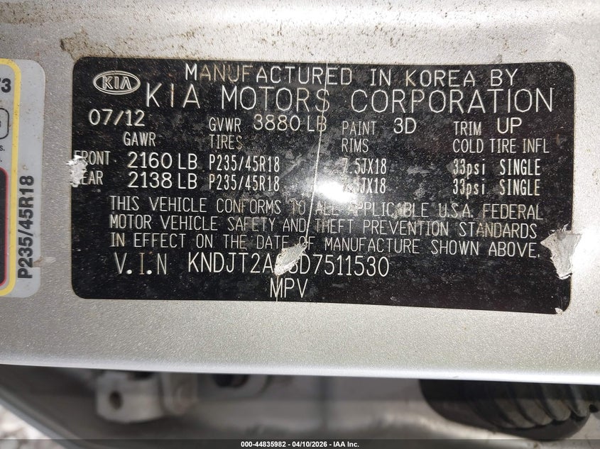 2013 Kia Soul VIN KNDJT2A68D7511530 IAAI salvage auction — RIGHT SIDE, Salvage Title, sold $350 on 2026-07-23 (photo 9)