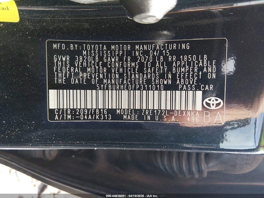 2015 Toyota Corolla VIN 5YFBURHE0FP311010 IAAI salvage auction — REAR END, Salvage Title, sold $25 on 2026-07-21 (photo 9)