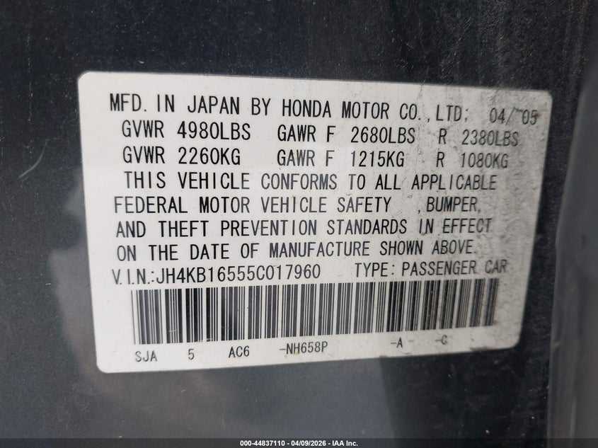 2005 Acura Rl VIN JH4KB16555C017960 IAAI salvage auction — FRONT END, Salvage (Texas), sold $300 on 2026-07-09 (photo 9)