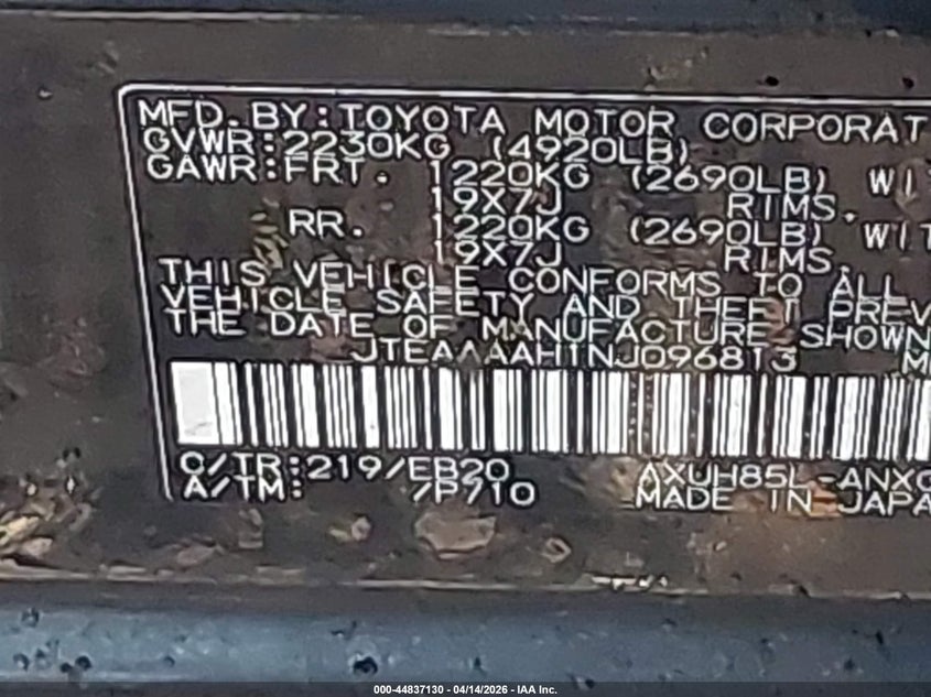 2022 Toyota Venza VIN JTEAAAAH1NJ096813 IAAI salvage auction — FRONT & REAR, Mv-907A (New York), sold $5,300 on 2026-07-28 (photo 9)