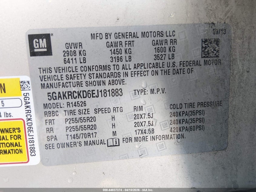 2014 Buick Enclave VIN 5GAKRCKD6EJ181883 IAAI salvage auction — FRONT END, Salvage (North Carolina), sold $550 on 2026-07-26 (photo 9)