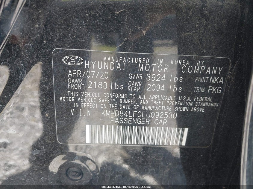2020 Hyundai Elantra VIN KMHD84LF0LU092530 IAAI salvage auction — FRONT END, Wait Title, sold $1,200 on 2026-07-09 (photo 9)