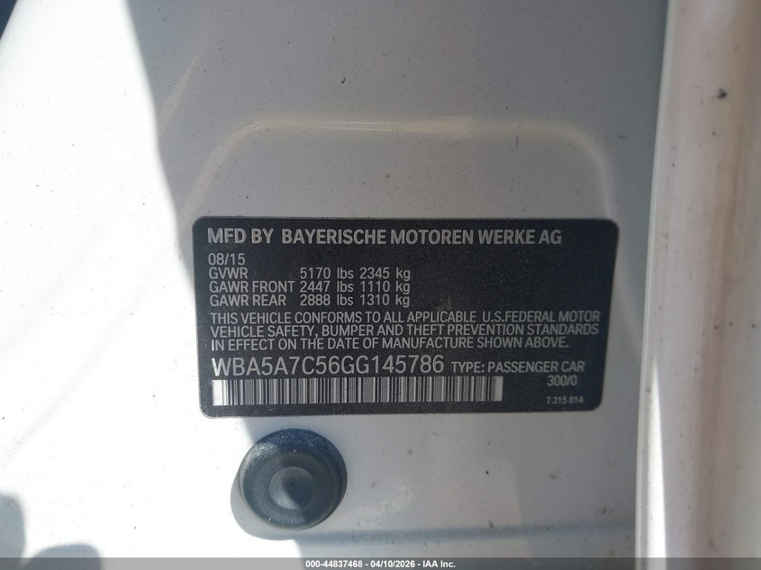 2016 BMW 5er VIN WBA5A7C56GG145786 IAAI salvage auction — Burn Engine, Bill Of Sale (Georgia), sold $325 on 2026-08-19 (photo 9)
