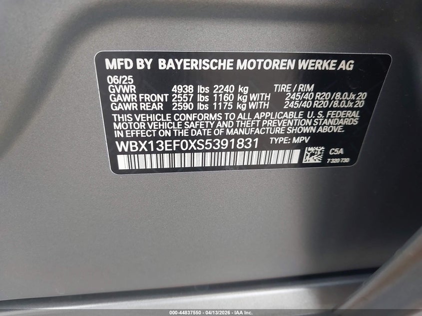 2025 BMW X1 VIN WBX13EF0XS5391831 IAAI salvage auction — FRONT & REAR, Salvage Title, sold $15,050 on 2026-07-20 (photo 9)
