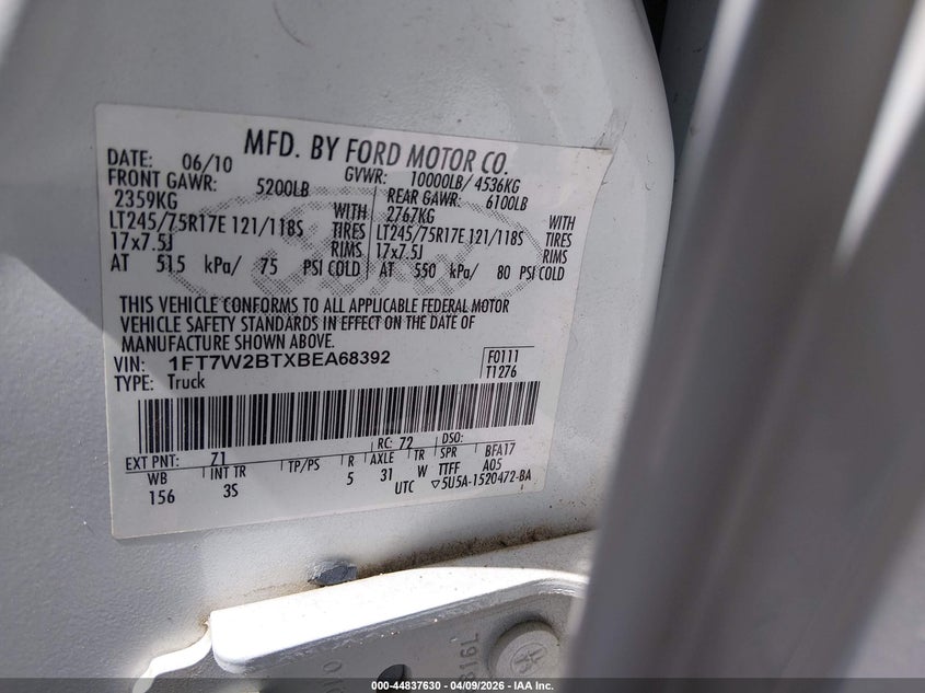 2011 Ford F250 VIN 1FT7W2BTXBEA68392 IAAI salvage auction — FRONT END, Clear (Arkansas), sold $3,500 on 2026-07-09 (photo 9)