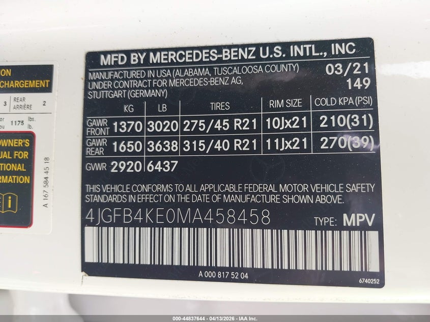 2021 Mercedes-benz Gle VIN 4JGFB4KE0MA458458 IAAI salvage auction — REAR END, Salvage Title, sold $17,000 on 2026-07-25 (photo 9)