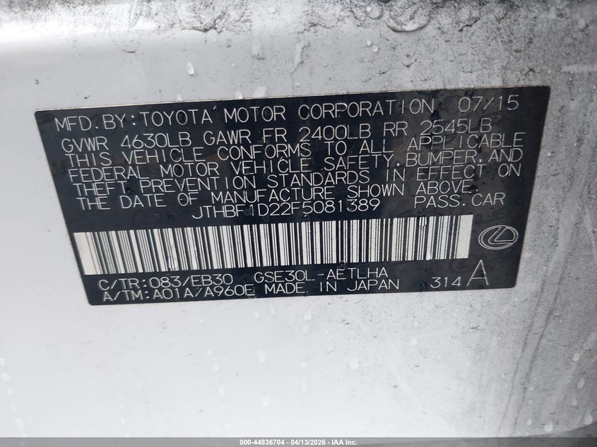 2015 Lexus Is VIN JTHBF1D22F5081389 IAAI salvage auction — RIGHT SIDE, Wait Title, sold $5,100 on 2026-07-23 (photo 9)