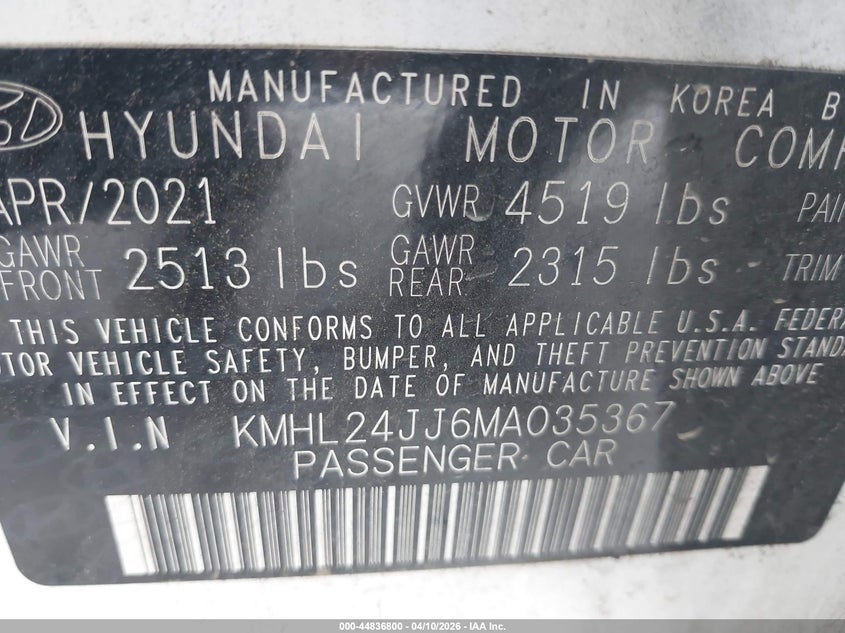2021 Hyundai Sonata VIN KMHL24JJ6MA035367 IAAI salvage auction — LEFT SIDE, Salvage Title, sold $3,750 on 2026-07-08 (photo 9)